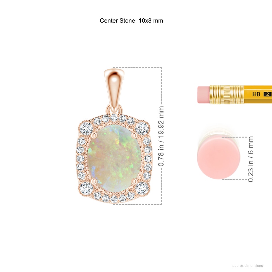 10x8mm AAA Vintage Style Opal Pendant with Bezel-Set Diamonds in Rose Gold ruler