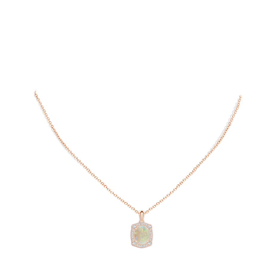 10x8mm AAA Vintage Style Opal Pendant with Bezel-Set Diamonds in Rose Gold body-neck