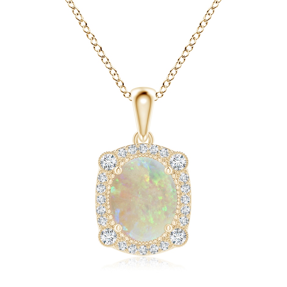 10x8mm AAA Vintage Style Opal Pendant with Bezel-Set Diamonds in Yellow Gold 
