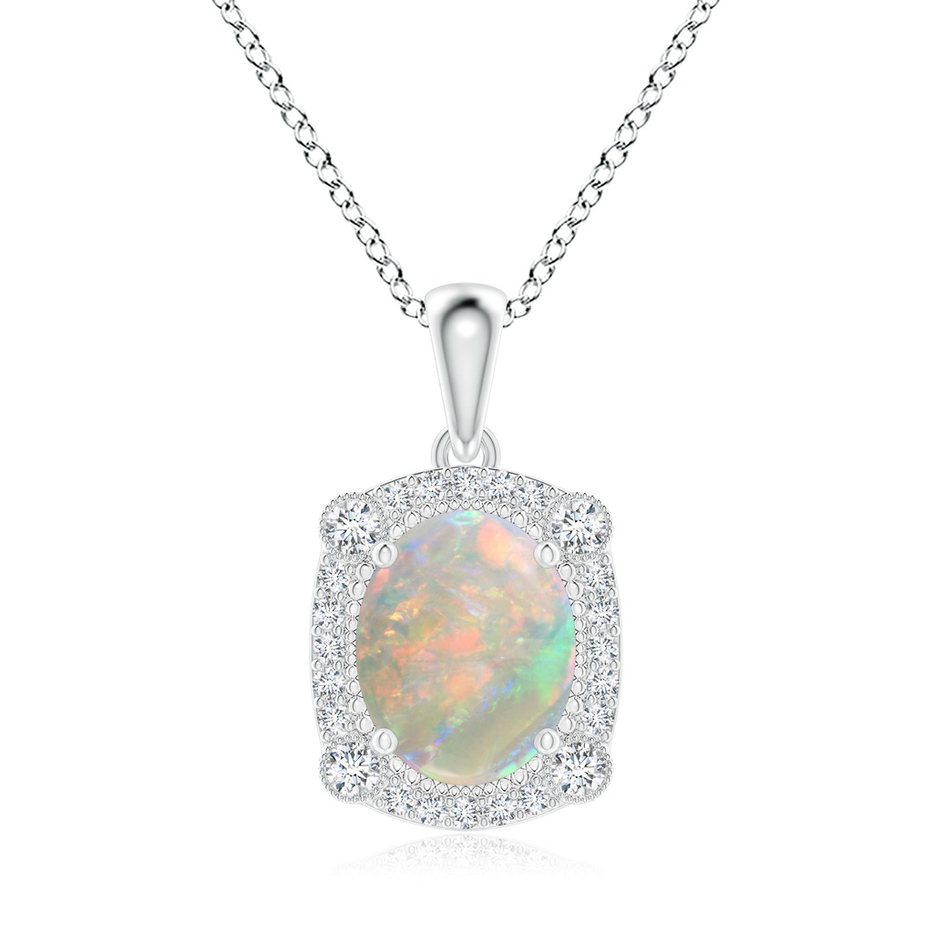 10x8mm AAAA Vintage Style Opal Pendant with Bezel-Set Diamonds in White Gold