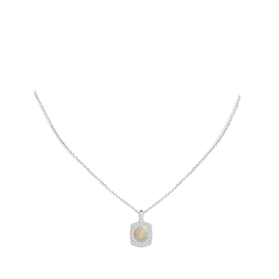 10x8mm AAAA Vintage Style Opal Pendant with Bezel-Set Diamonds in White Gold body-neck