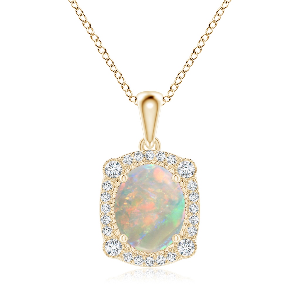 10x8mm AAAA Vintage Style Opal Pendant with Bezel-Set Diamonds in Yellow Gold