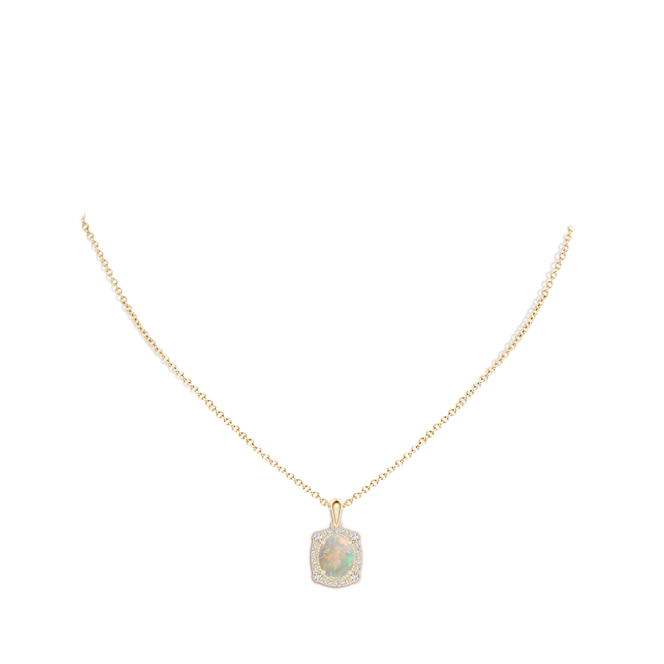10x8mm AAAA Vintage Style Opal Pendant with Bezel-Set Diamonds in Yellow Gold body-neck