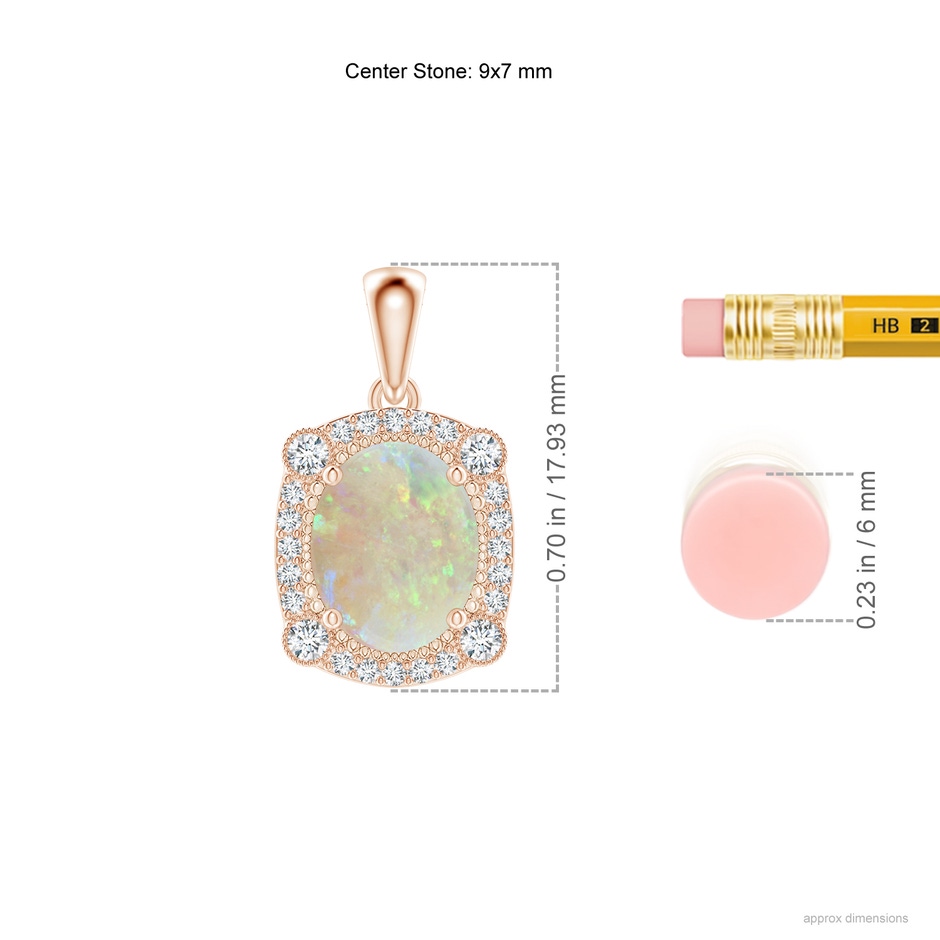 9x7mm AAA Vintage Style Opal Pendant with Bezel-Set Diamonds in Rose Gold ruler