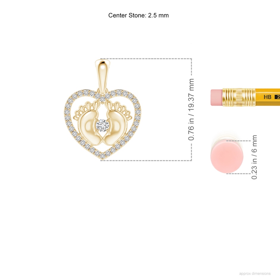 2.5mm HSI2 Diamond Heart & Baby Feet Pendant in Yellow Gold ruler