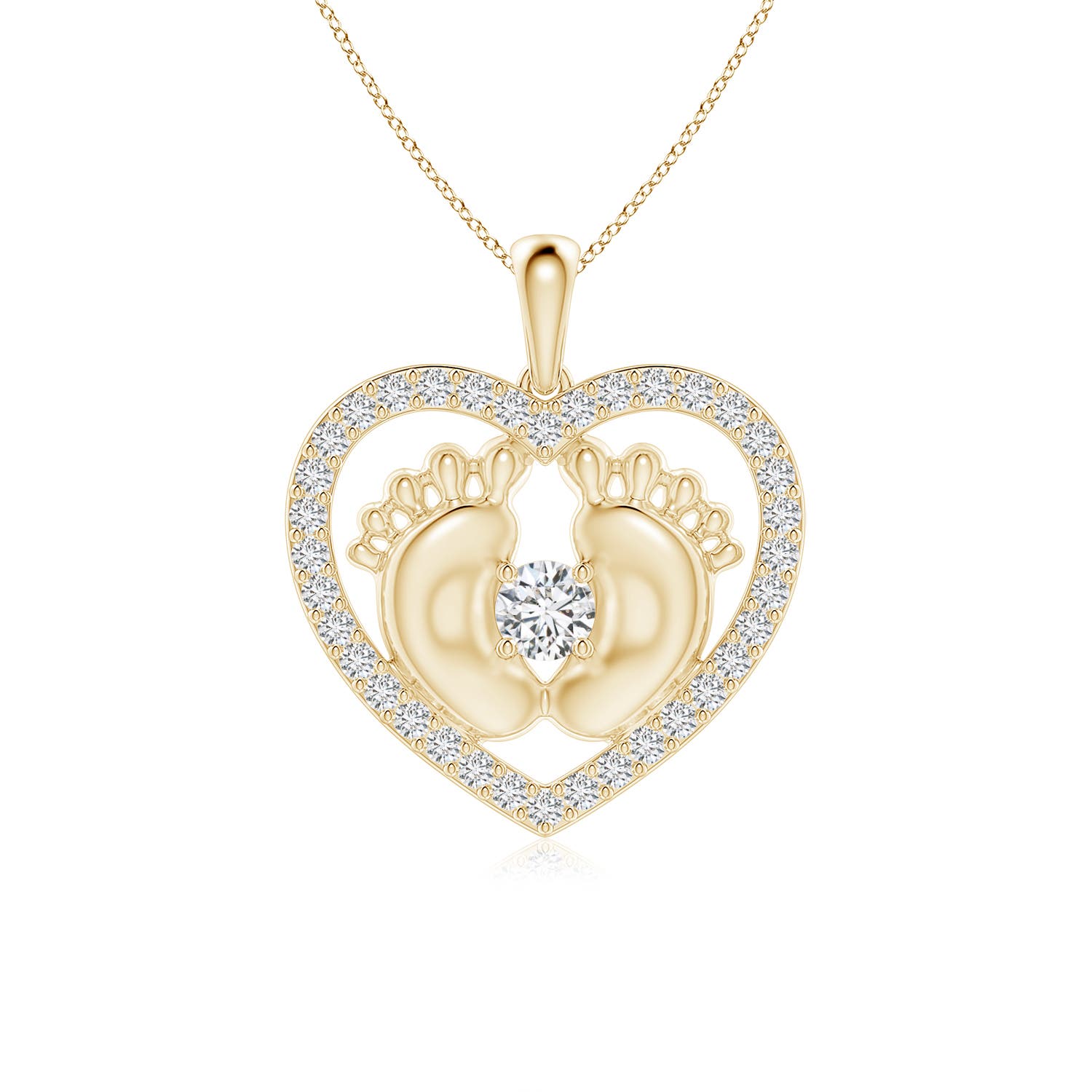 4.3mm HSI2 Diamond Heart & Baby Feet Pendant in 18K Yellow Gold