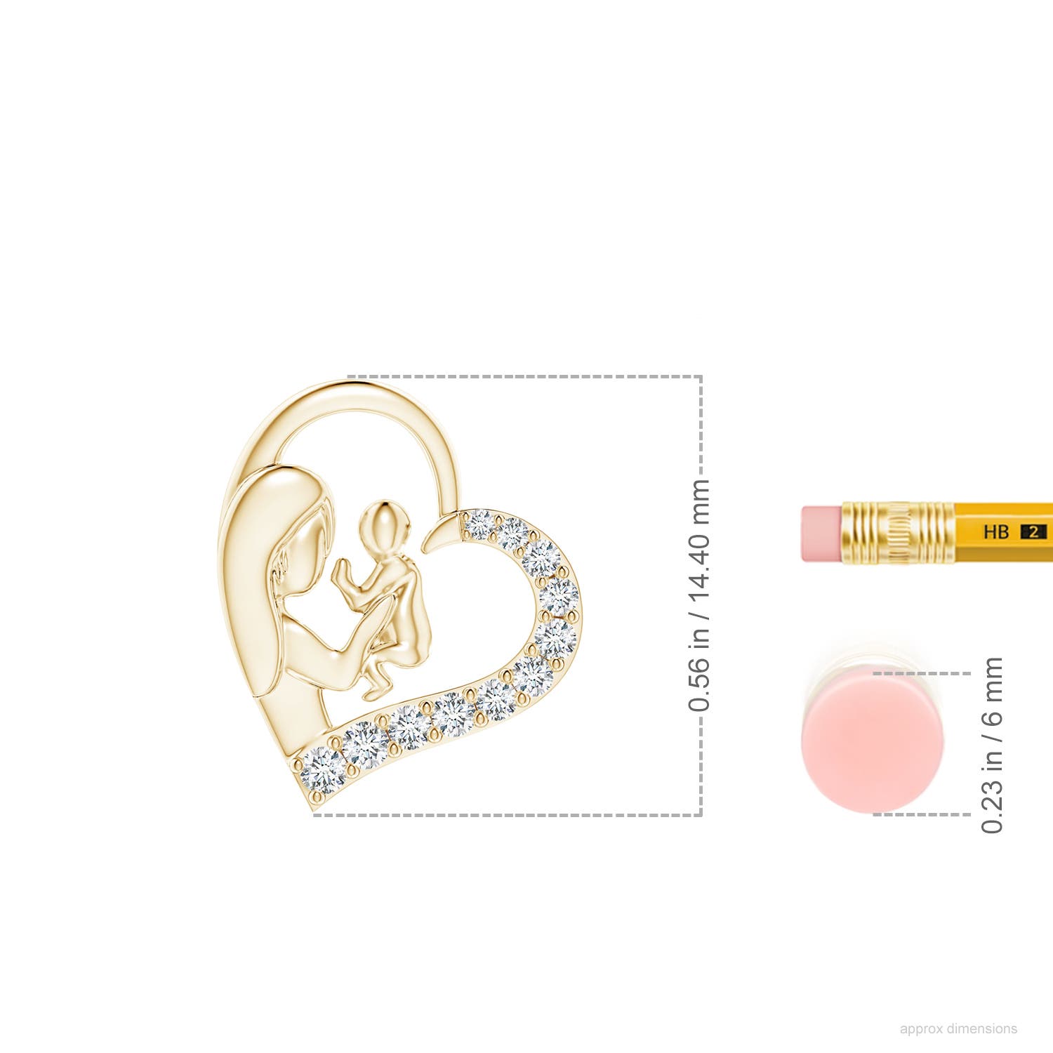 1.5mm GVS2 Diamond Heart Mother & Baby Pendant in Yellow Gold - ruler