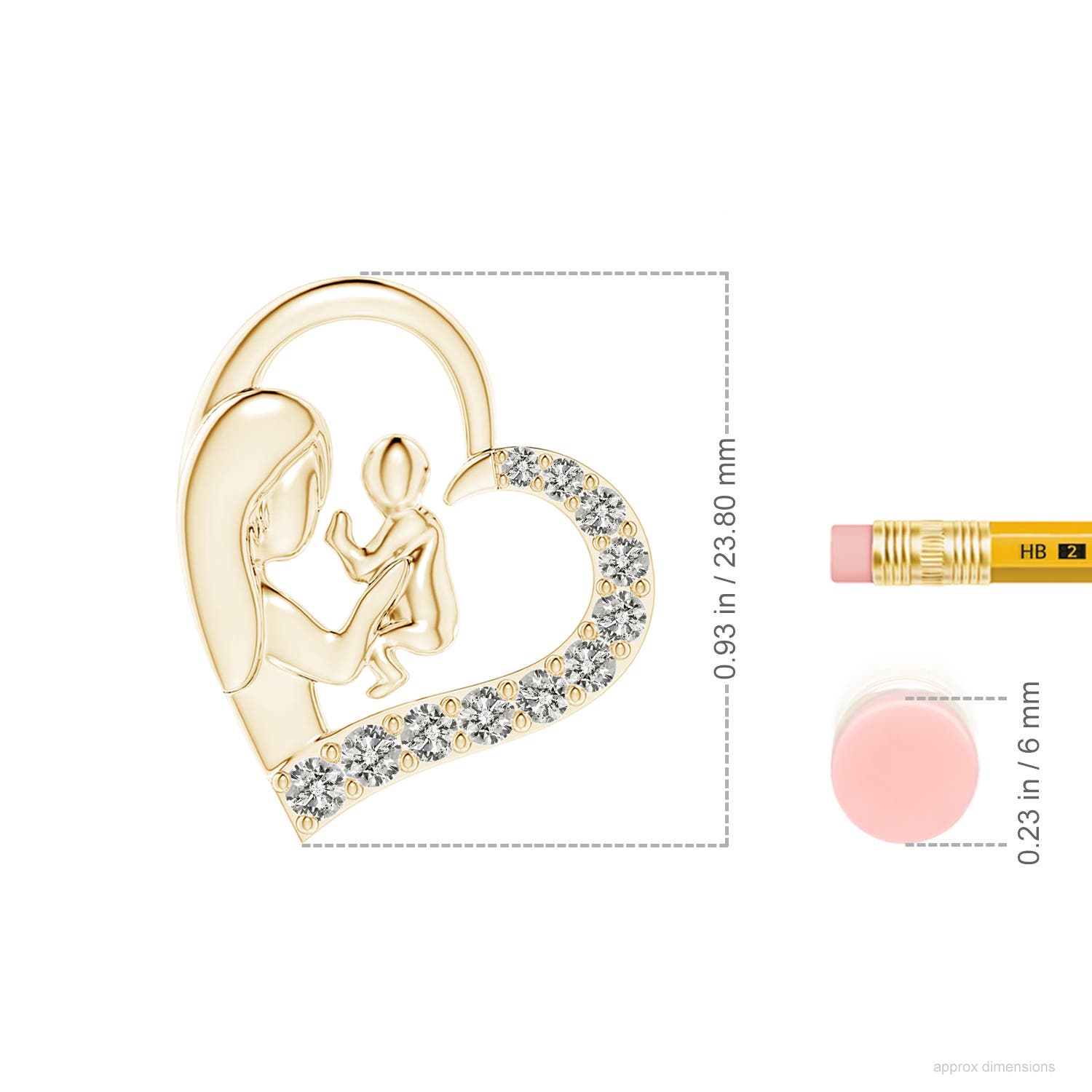 2.5mm KI3 Diamond Heart Mother & Baby Pendant in Yellow Gold - ruler
