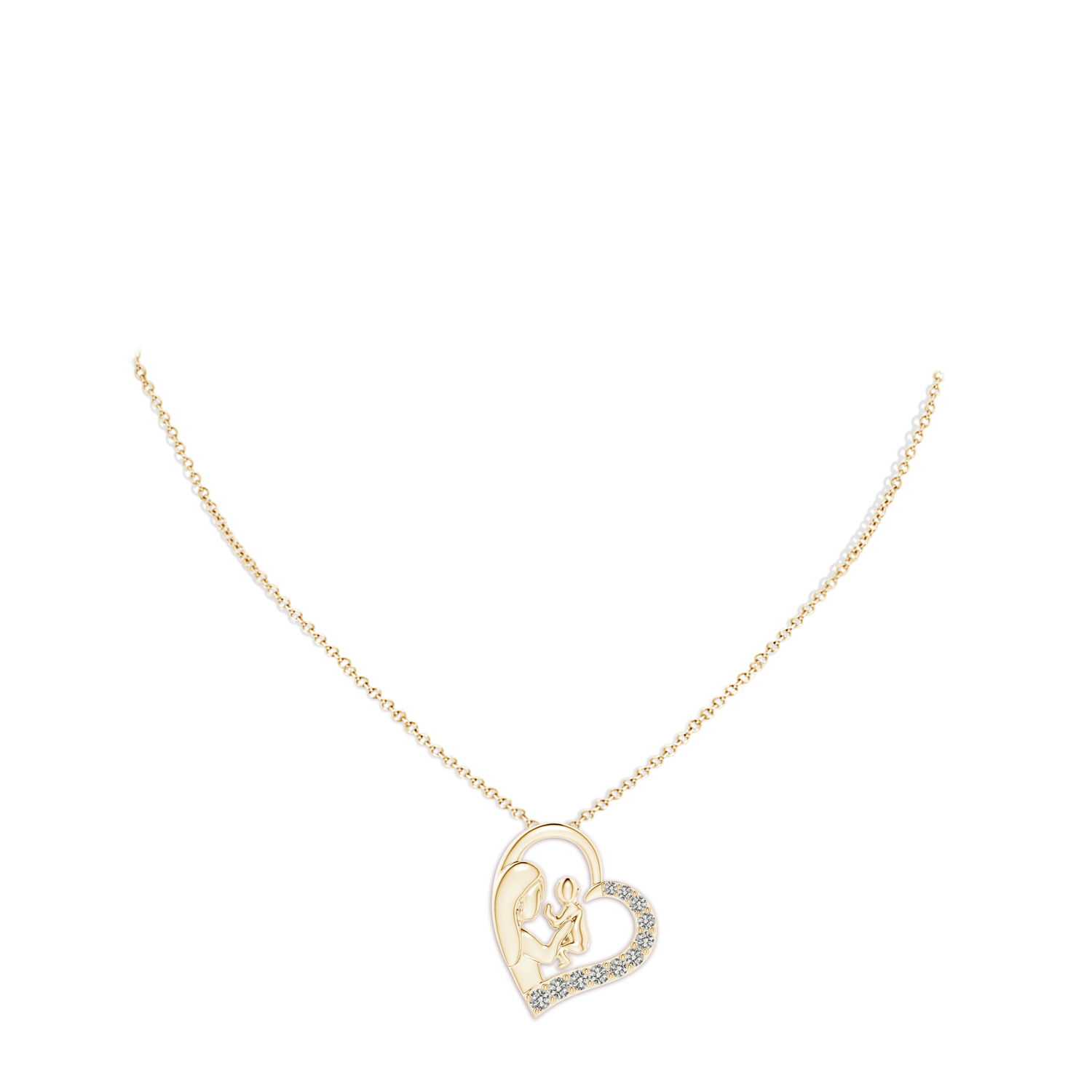 2.5mm KI3 Diamond Heart Mother & Baby Pendant in Yellow Gold - body_neck