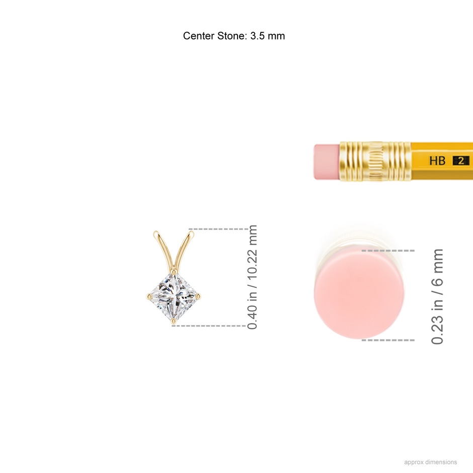 3.5mm IJI1I2 Prong-Set Princess-Cut Diamond Solitaire V-Bale Pendant in Yellow Gold ruler