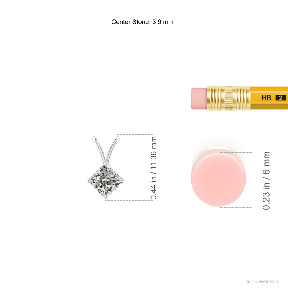 3.9mm KI3 Prong-Set Princess-Cut Diamond Solitaire V-Bale Pendant in White Gold ruler