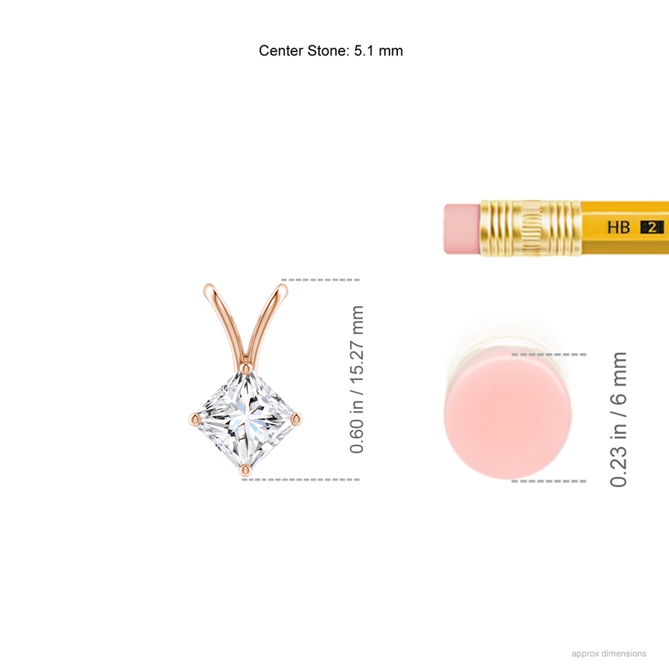 5.1mm GVS2 Prong-Set Princess-Cut Diamond Solitaire V-Bale Pendant in Rose Gold ruler