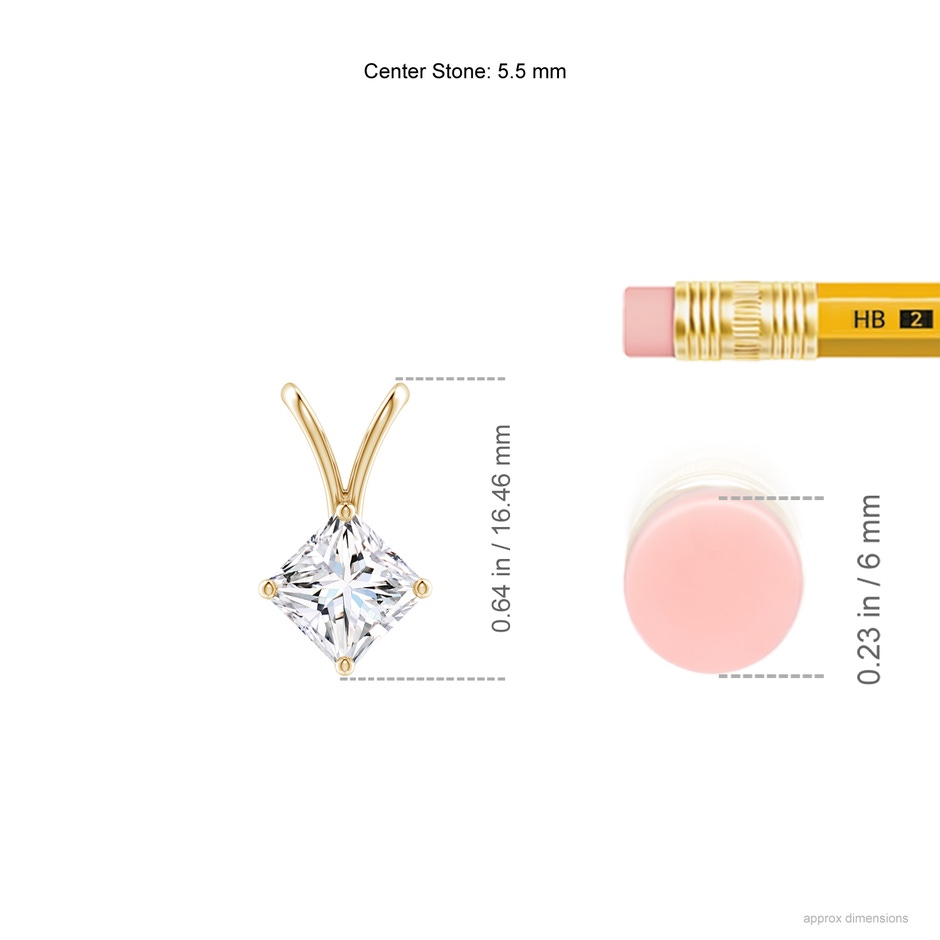 5.5mm GVS2 Prong-Set Princess-Cut Diamond Solitaire V-Bale Pendant in Yellow Gold ruler