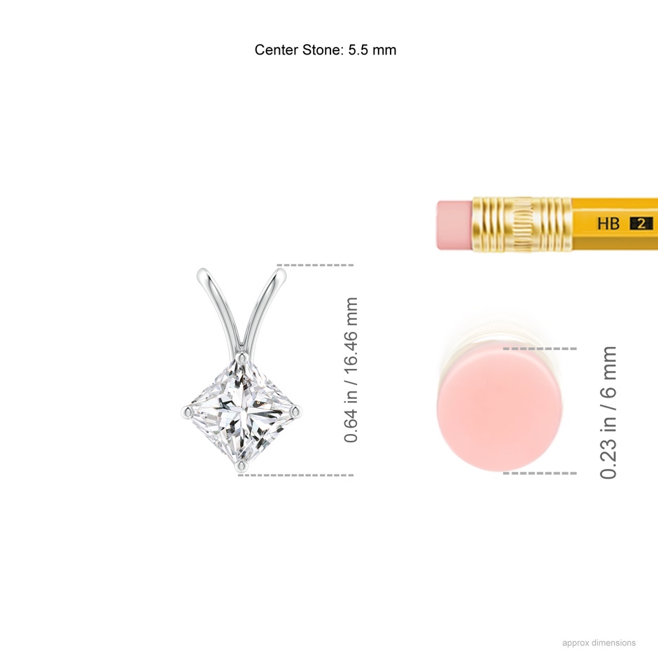 5.5mm HSI2 Prong-Set Princess-Cut Diamond Solitaire V-Bale Pendant in White Gold ruler