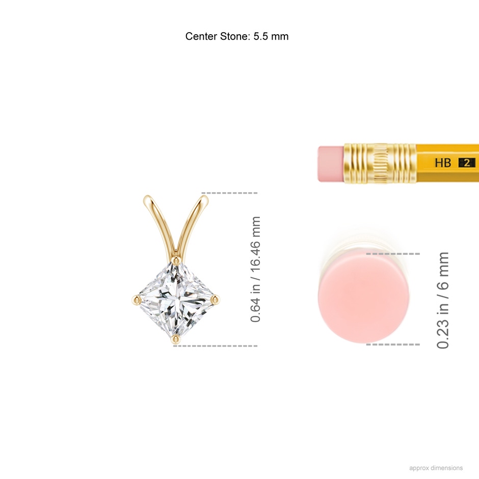 5.5mm HSI2 Prong-Set Princess-Cut Diamond Solitaire V-Bale Pendant in Yellow Gold ruler