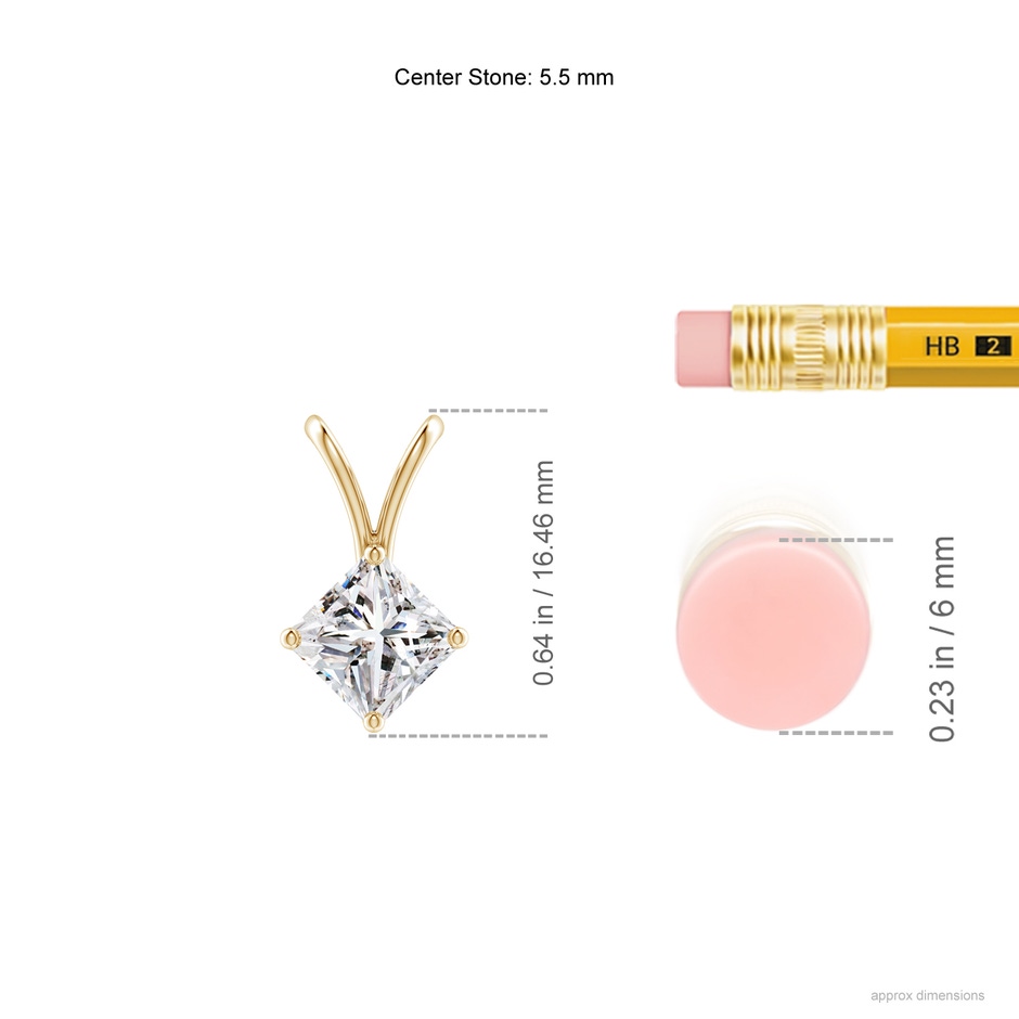 5.5mm IJI1I2 Prong-Set Princess-Cut Diamond Solitaire V-Bale Pendant in Yellow Gold ruler