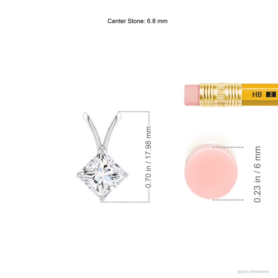 6.8mm GVS2 Prong-Set Princess-Cut Diamond Solitaire V-Bale Pendant in P950 Platinum ruler