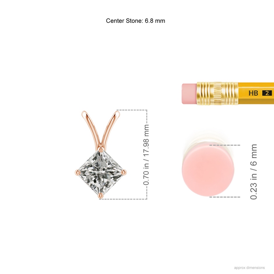 6.8mm KI3 Prong-Set Princess-Cut Diamond Solitaire V-Bale Pendant in Rose Gold ruler