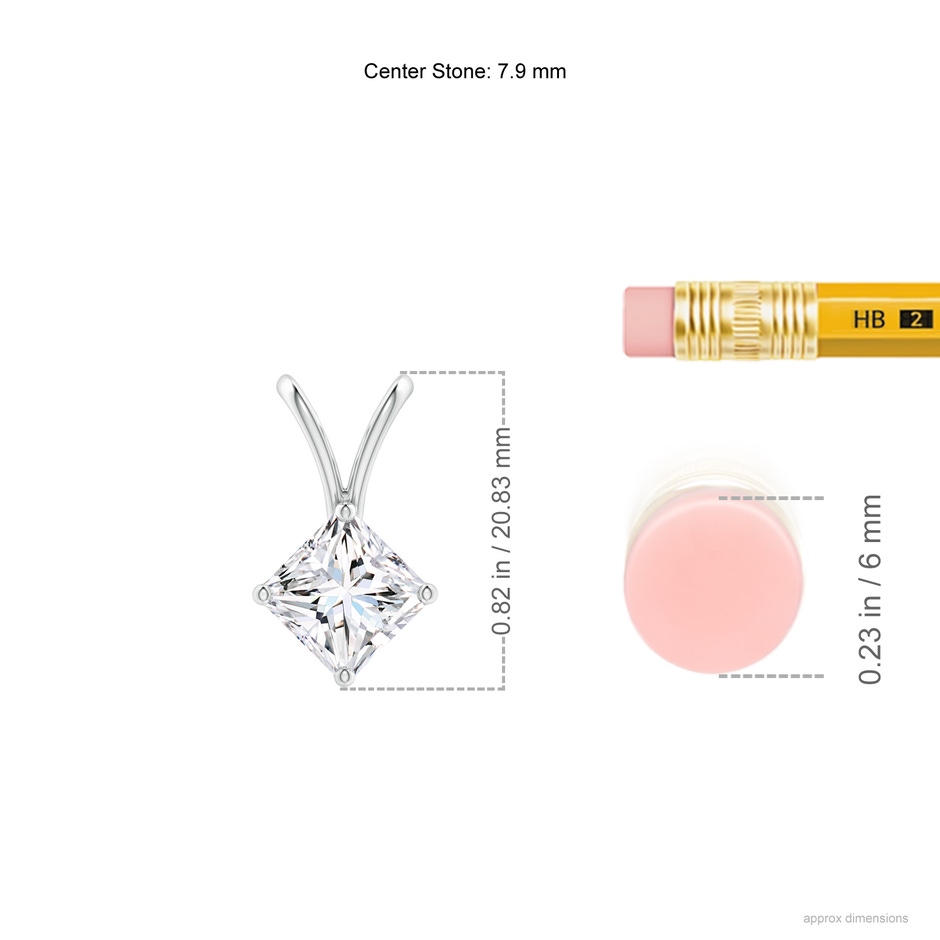 7.9mm GVS2 Prong-Set Princess-Cut Diamond Solitaire V-Bale Pendant in P950 Platinum ruler