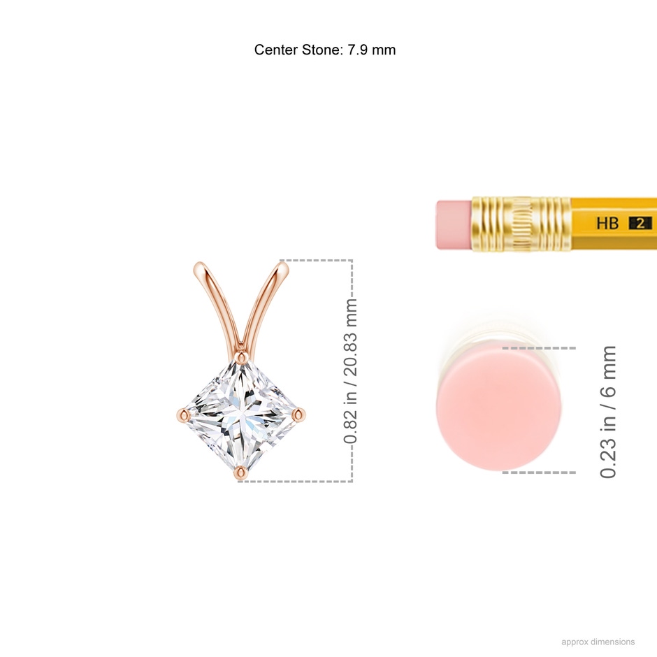 7.9mm GVS2 Prong-Set Princess-Cut Diamond Solitaire V-Bale Pendant in Rose Gold ruler