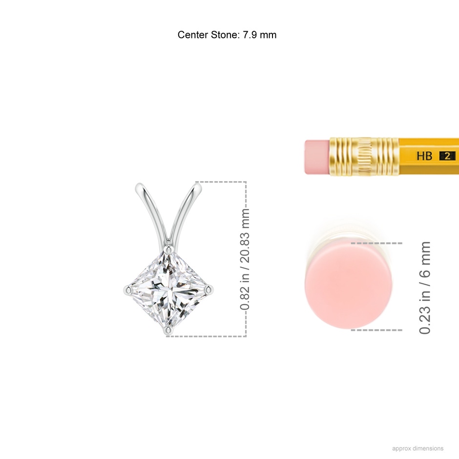 7.9mm HSI2 Prong-Set Princess-Cut Diamond Solitaire V-Bale Pendant in P950 Platinum ruler