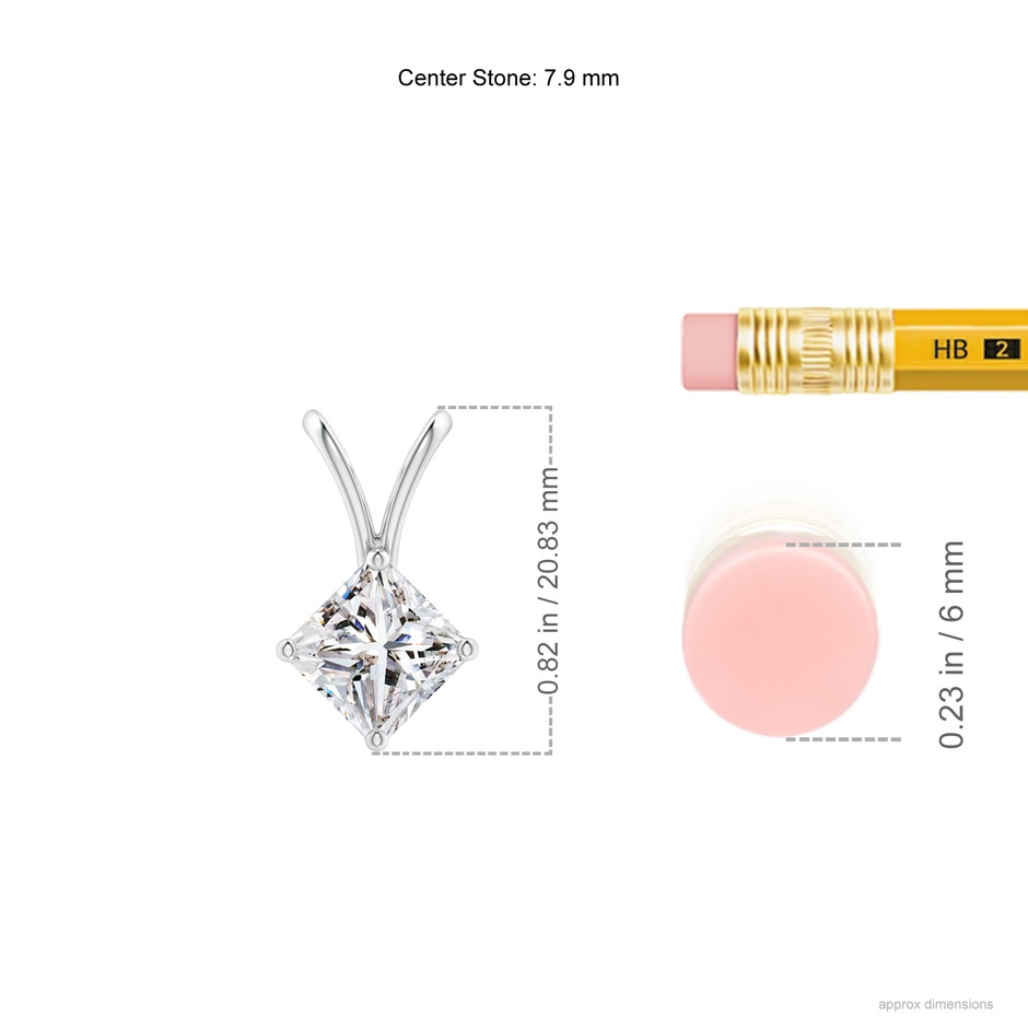 7.9mm IJI1I2 Prong-Set Princess-Cut Diamond Solitaire V-Bale Pendant in P950 Platinum ruler