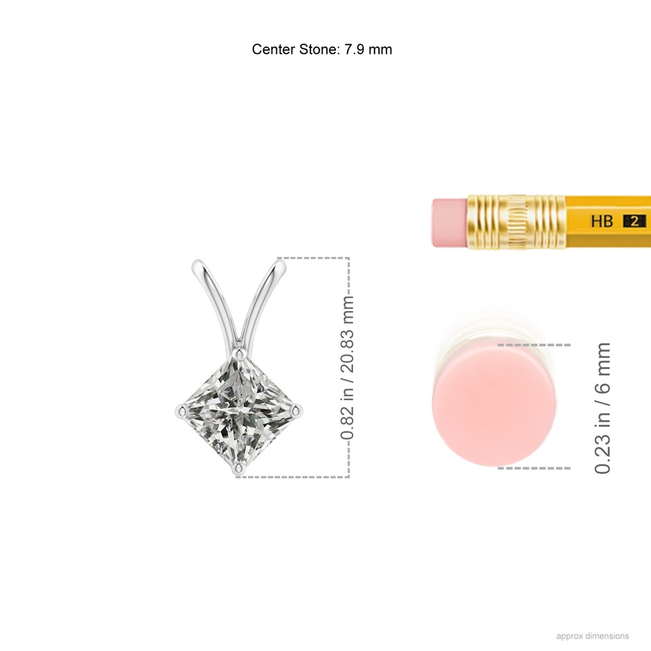 7.9mm KI3 Prong-Set Princess-Cut Diamond Solitaire V-Bale Pendant in P950 Platinum ruler
