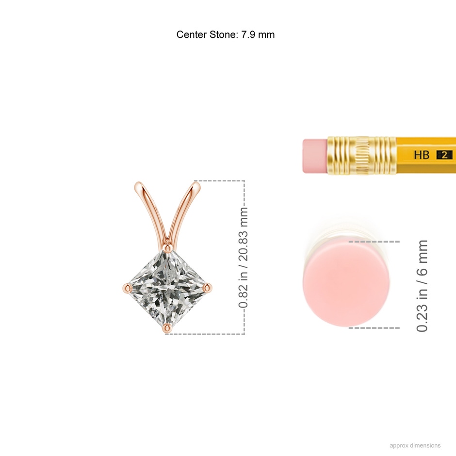 7.9mm KI3 Prong-Set Princess-Cut Diamond Solitaire V-Bale Pendant in Rose Gold ruler