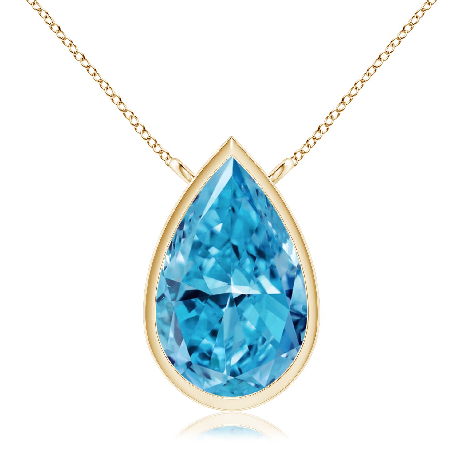 Angara 1.5 CTW Bezel-Set Pear-Shaped Fancy Intense Blue Diamond Solitaire Pendant in 18K Yellow Gold