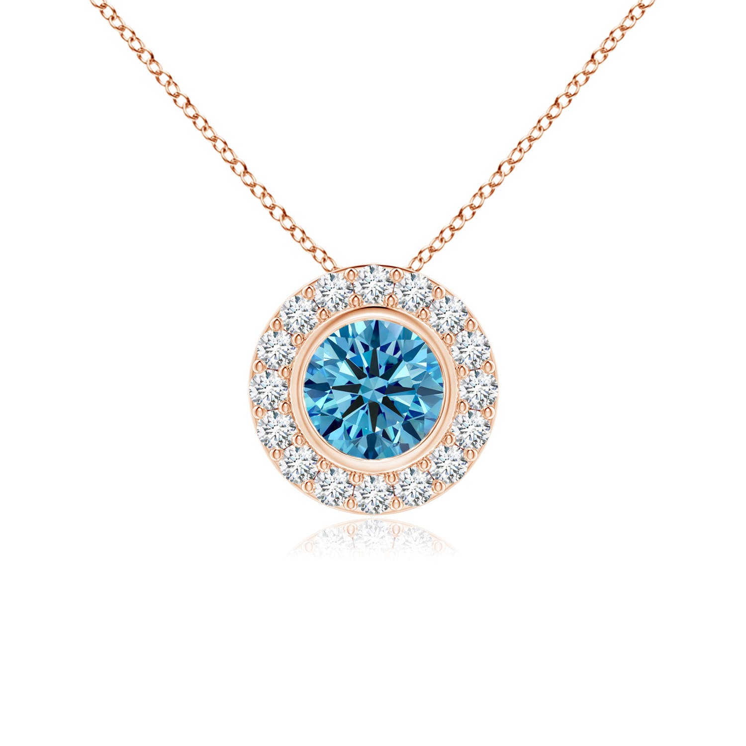 Angara 0.51 CTW Bezel-Set Solitaire Round Fancy Intense Blue Diamond Halo Pendant in 18K Rose Gold
