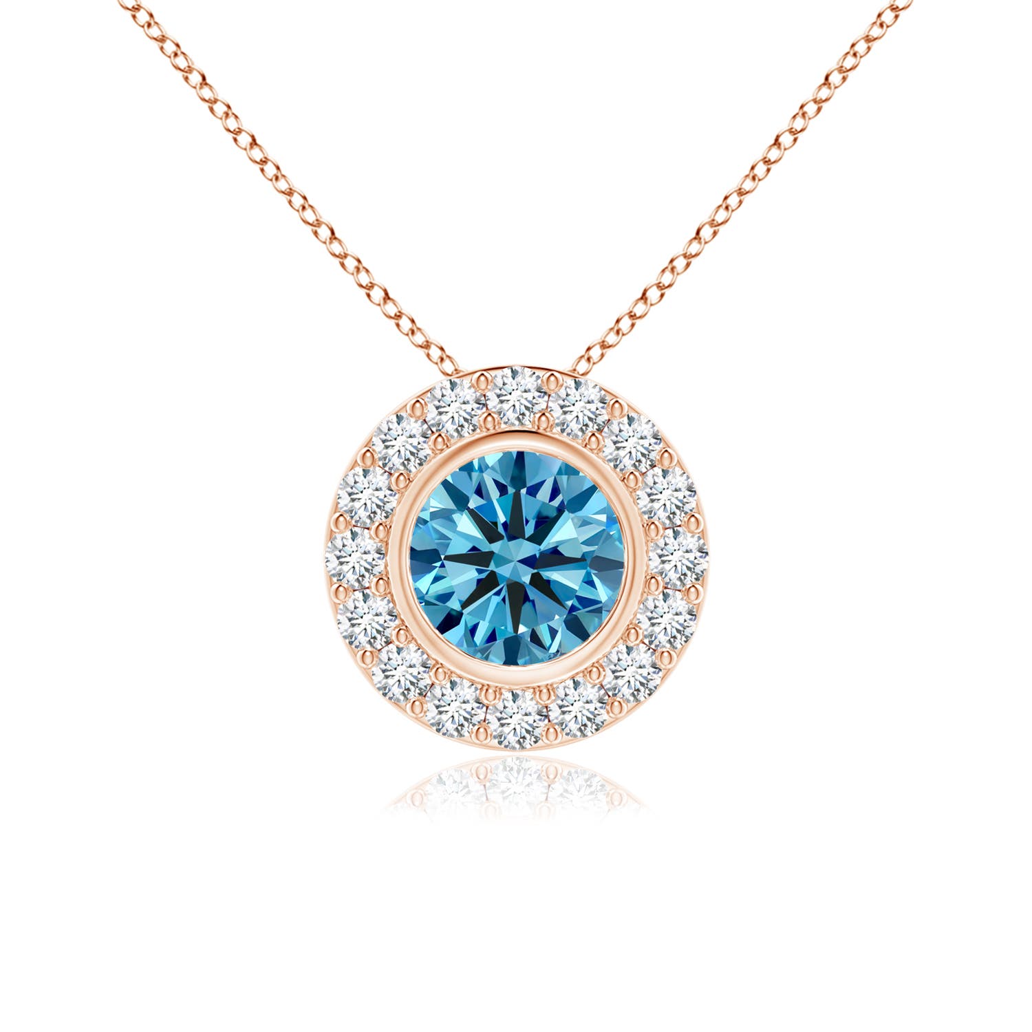 Angara 0.66 CTW Bezel-Set Solitaire Round Fancy Intense Blue Diamond Halo Pendant in 18K Rose Gold
