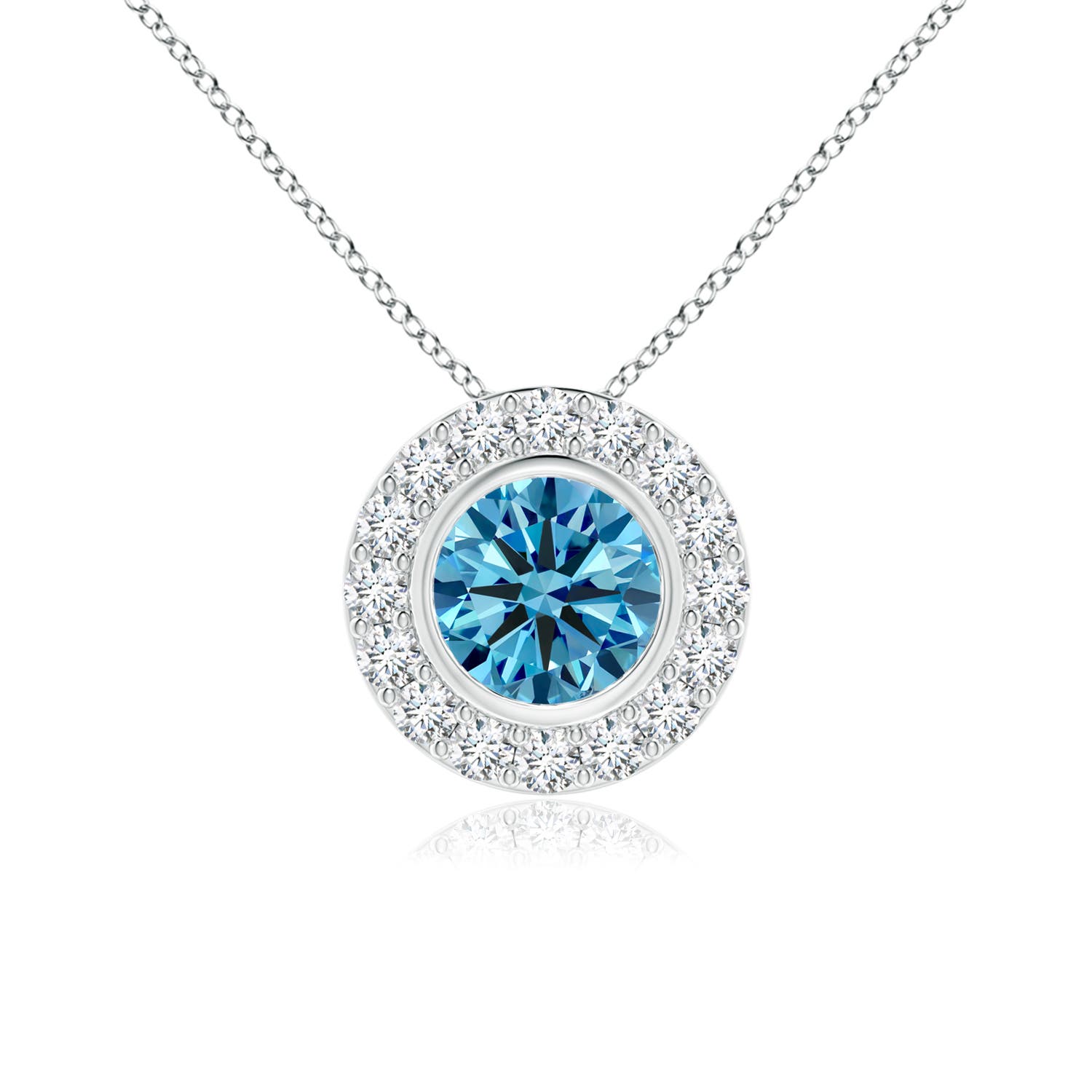 Angara 0.66 CTW Bezel-Set Solitaire Round Fancy Intense Blue Diamond Halo Pendant in 18K White Gold