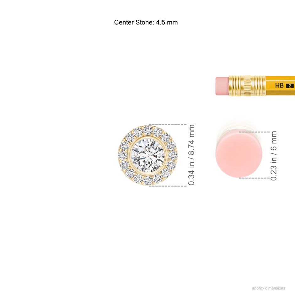 4.5mm HSI2 Bezel-Set Solitaire Round Diamond Halo Pendant in Yellow Gold ruler
