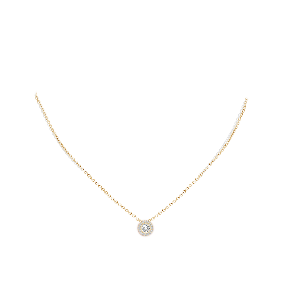 4.5mm HSI2 Bezel-Set Solitaire Round Diamond Halo Pendant in Yellow Gold body-neck