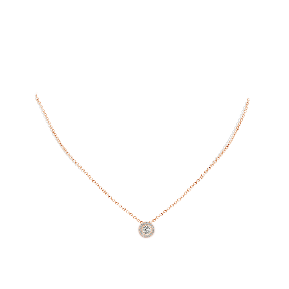 4.5mm KI3 Bezel-Set Solitaire Round Diamond Halo Pendant in Rose Gold body-neck