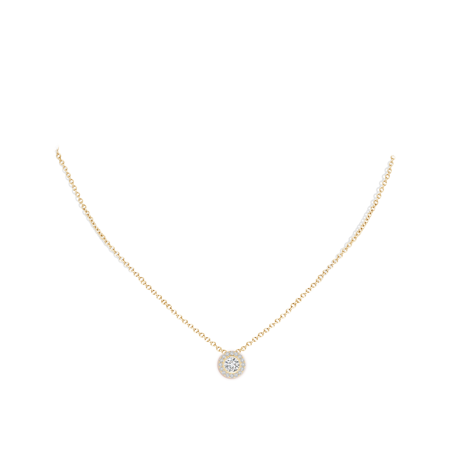 5mm HSI2 Bezel-Set Solitaire Round Diamond Halo Pendant in Yellow Gold body-neck