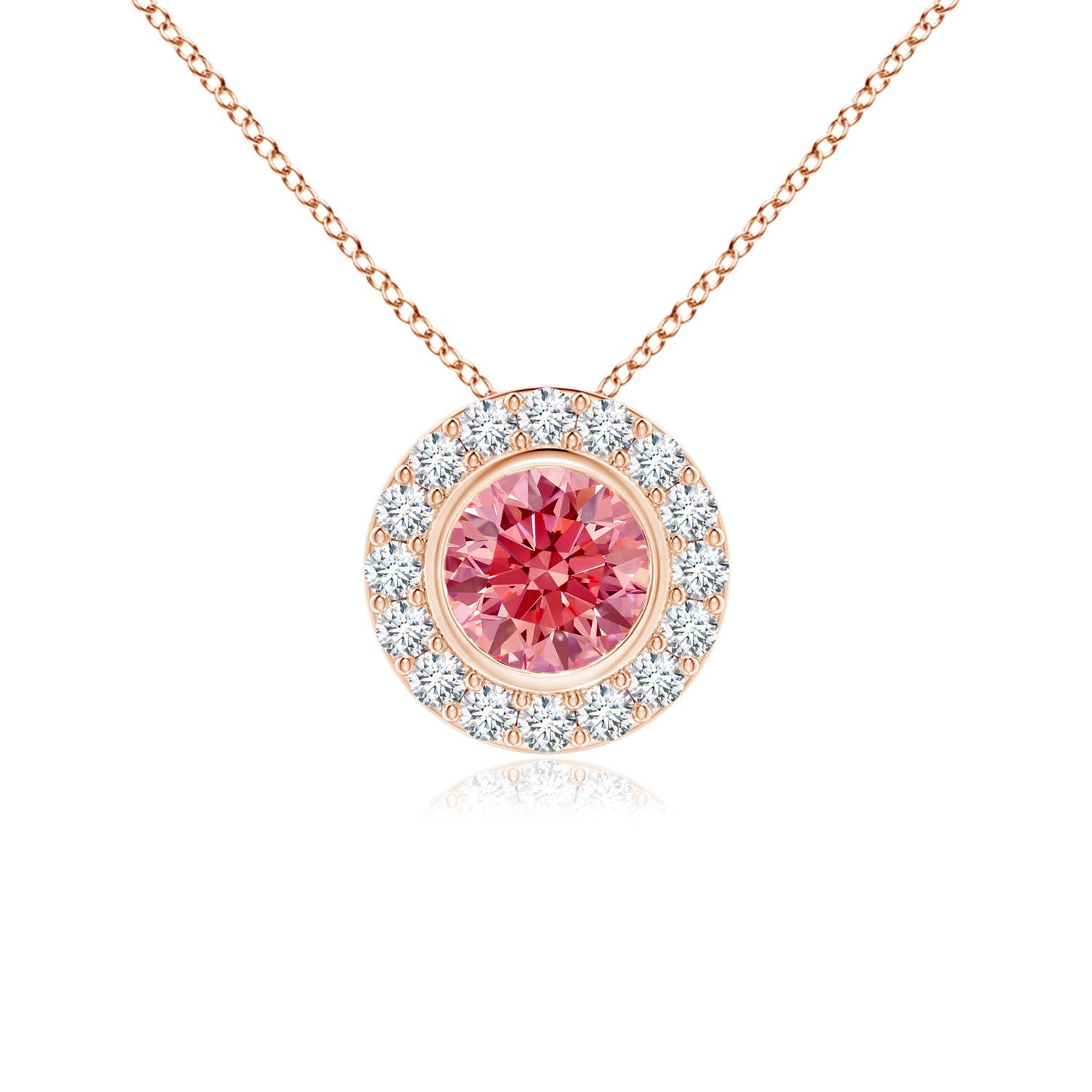 Angara 0.51 CTW Bezel-Set Solitaire Round Fancy Intense Pink Diamond Halo Pendant in 14K Rose Gold