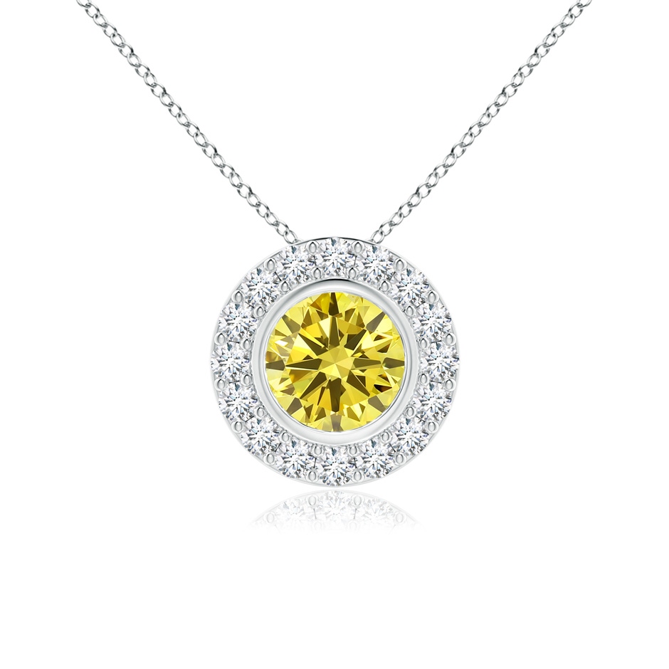 5mm AAAA Bezel-Set Solitaire Round Fancy Intense Yellow Diamond Halo Pendant in White Gold 