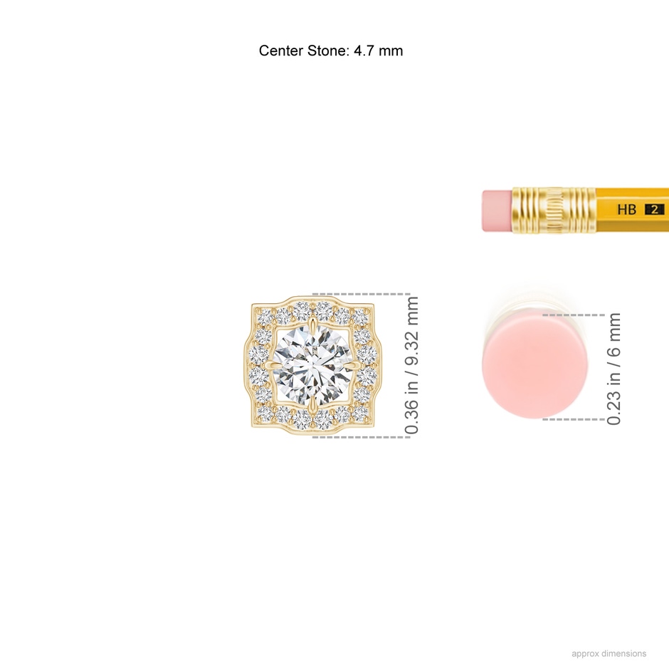 4.7mm HSI2 Art Deco Inspired Round Diamond Halo Solitaire Pendant in Yellow Gold ruler