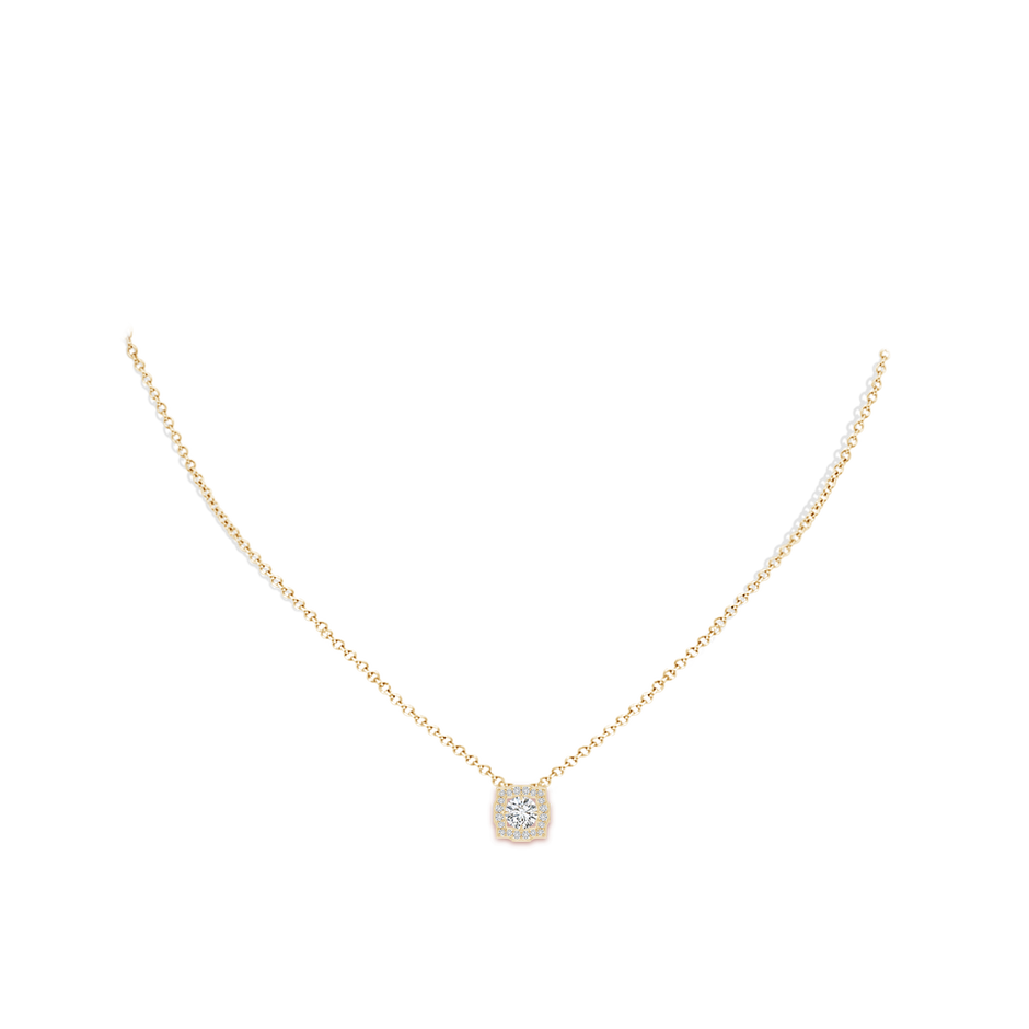 4.7mm HSI2 Art Deco Inspired Round Diamond Halo Solitaire Pendant in Yellow Gold body-neck