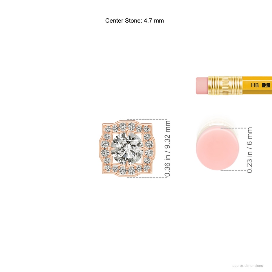 4.7mm KI3 Art Deco Inspired Round Diamond Halo Solitaire Pendant in Rose Gold ruler