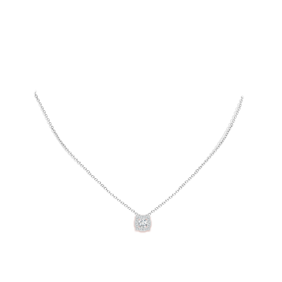 5mm GVS2 Art Deco Inspired Round Diamond Halo Solitaire Pendant in White Gold body-neck