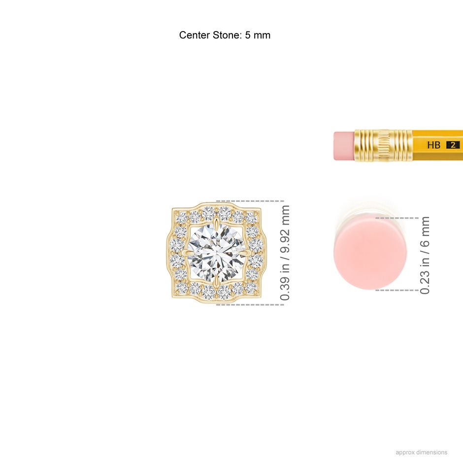 5mm HSI2 Art Deco Inspired Round Diamond Halo Solitaire Pendant in Yellow Gold ruler