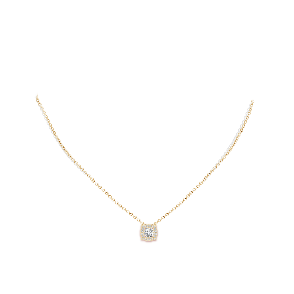5mm HSI2 Art Deco Inspired Round Diamond Halo Solitaire Pendant in Yellow Gold body-neck