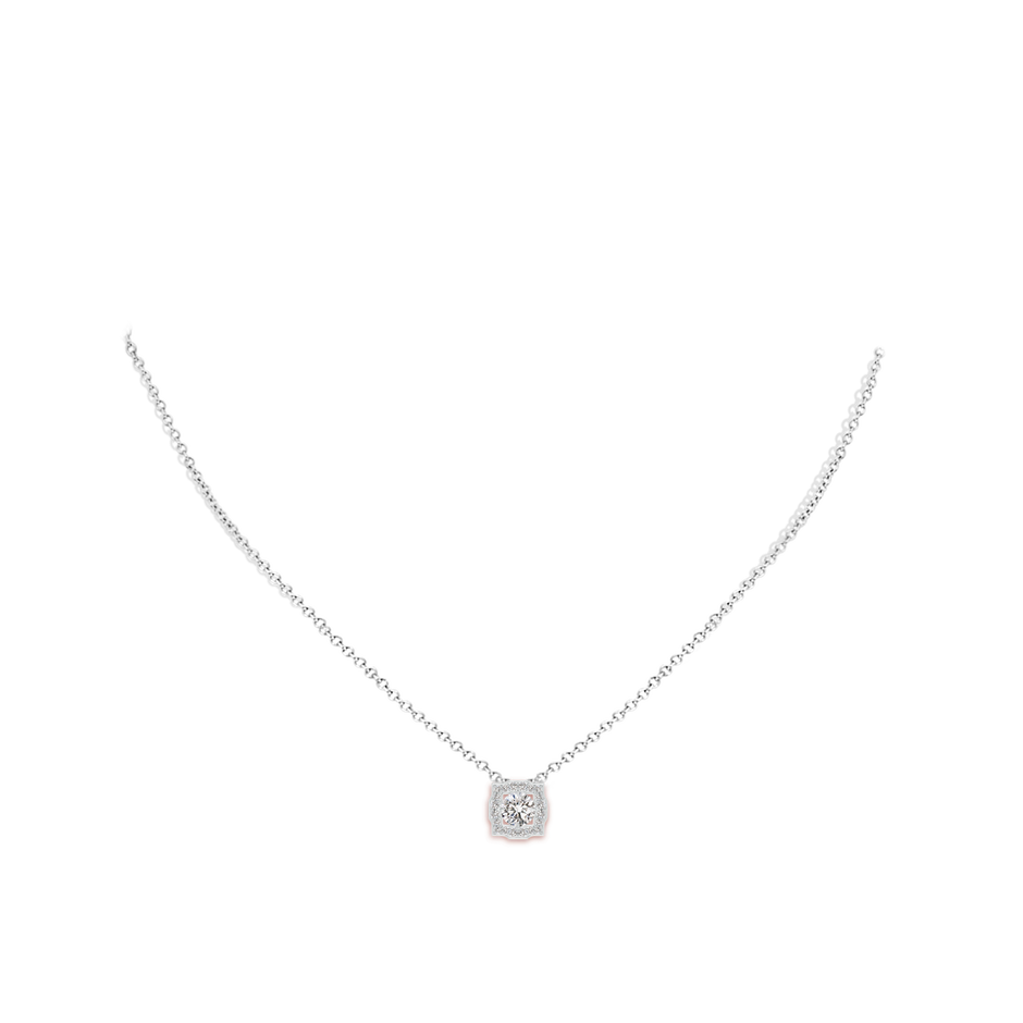 5mm IJI1I2 Art Deco Inspired Round Diamond Halo Solitaire Pendant in White Gold body-neck