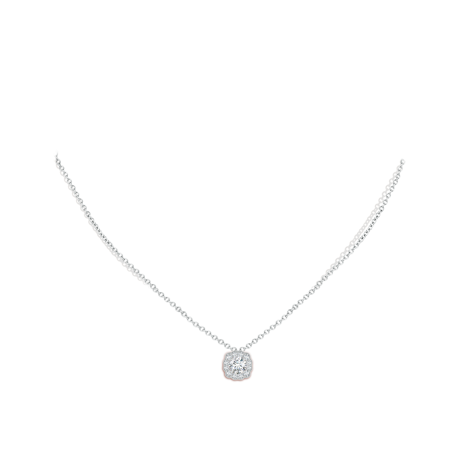 5.2mm GVS2 Round Diamond Scalloped Cushion Halo Pendant in White Gold body-neck