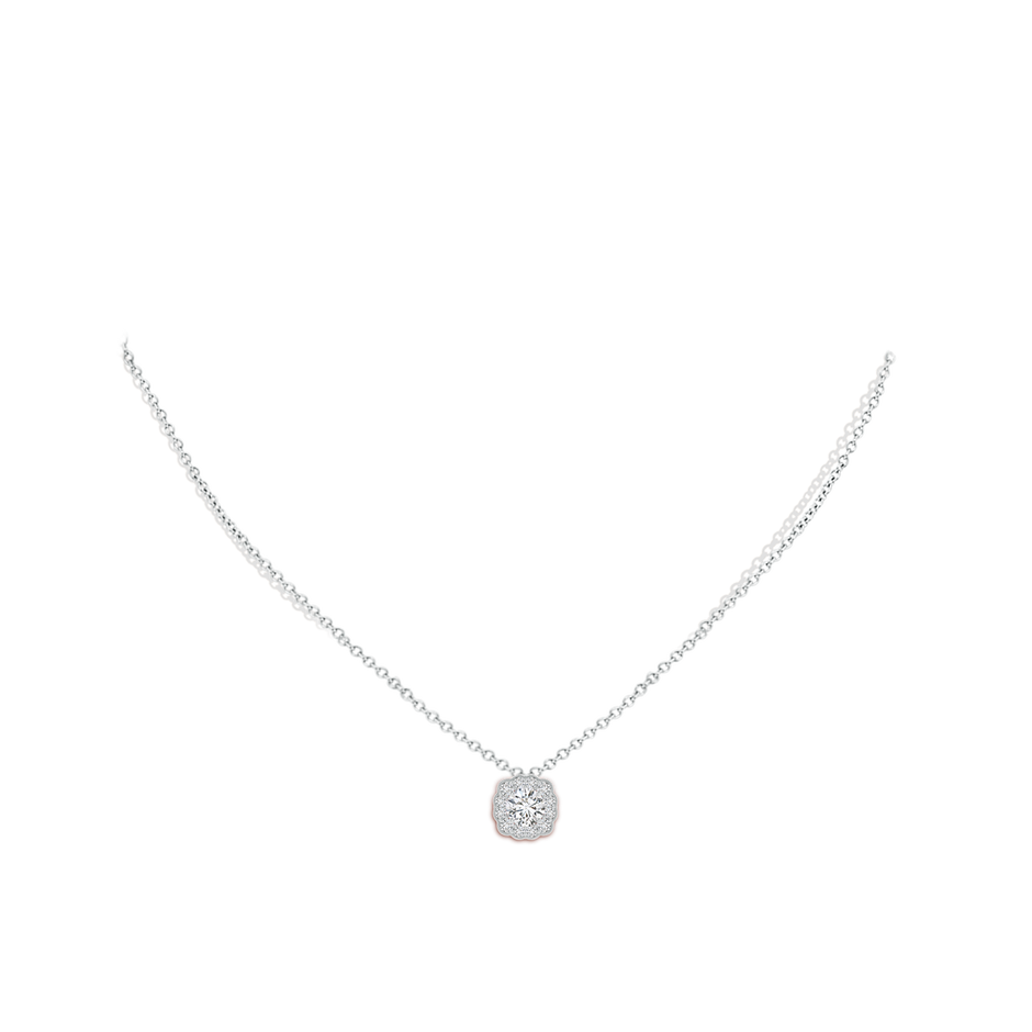 5.2mm HSI2 Round Diamond Scalloped Cushion Halo Pendant in White Gold body-neck