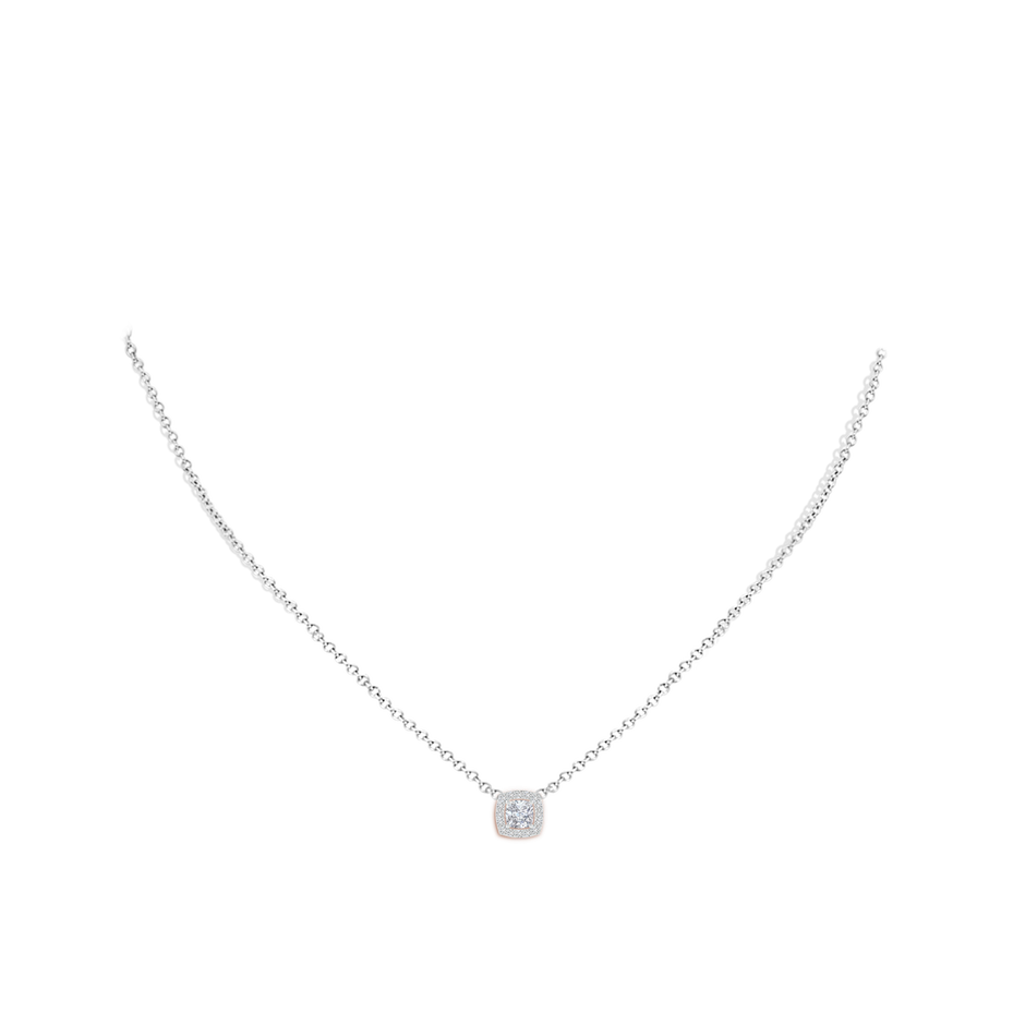 4mm HSI2 Cushion Diamond Solitaire Floating Halo Pendant in White Gold body-neck