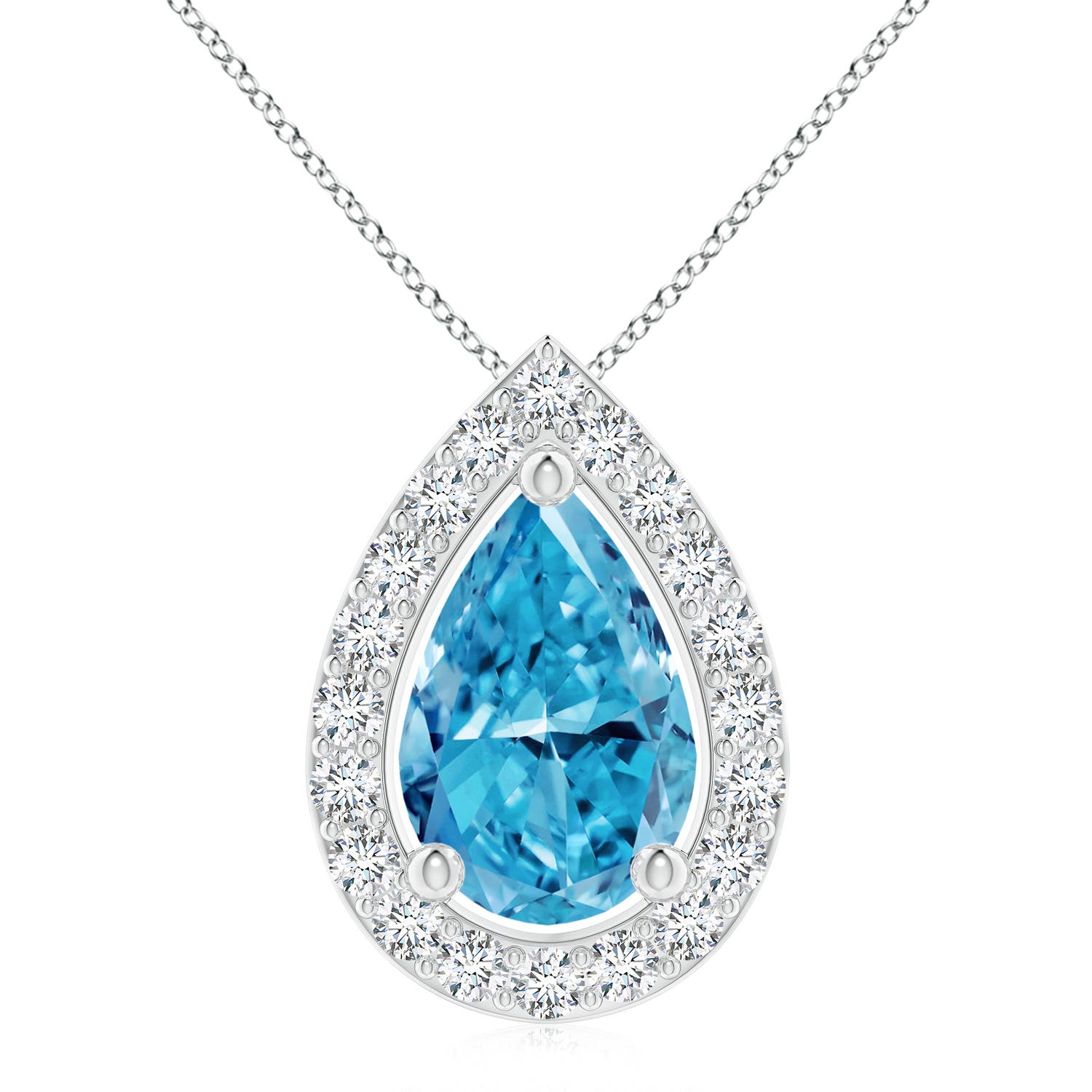Angara 2.5 CTW Pear Fancy Intense Blue Diamond Solitaire Floating Halo Pendant in 14K White Gold