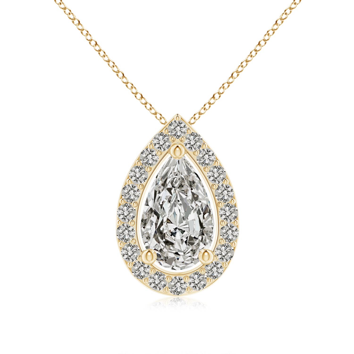 9x5.5mm KI3 Pear Diamond Solitaire Floating Halo Pendant in Yellow Gold